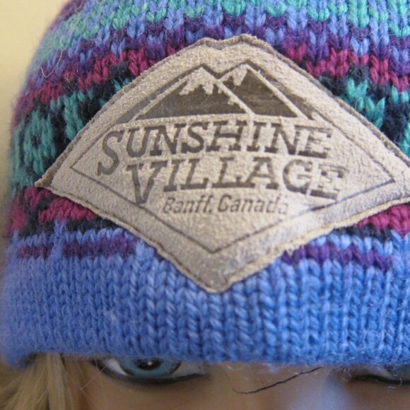 VINTAGE BANFF SUNSHINE VILLAGE BLUE WOOL FAIR ISLE TOQUE SKI BEANIE TASSEL - Picture 4 of 8